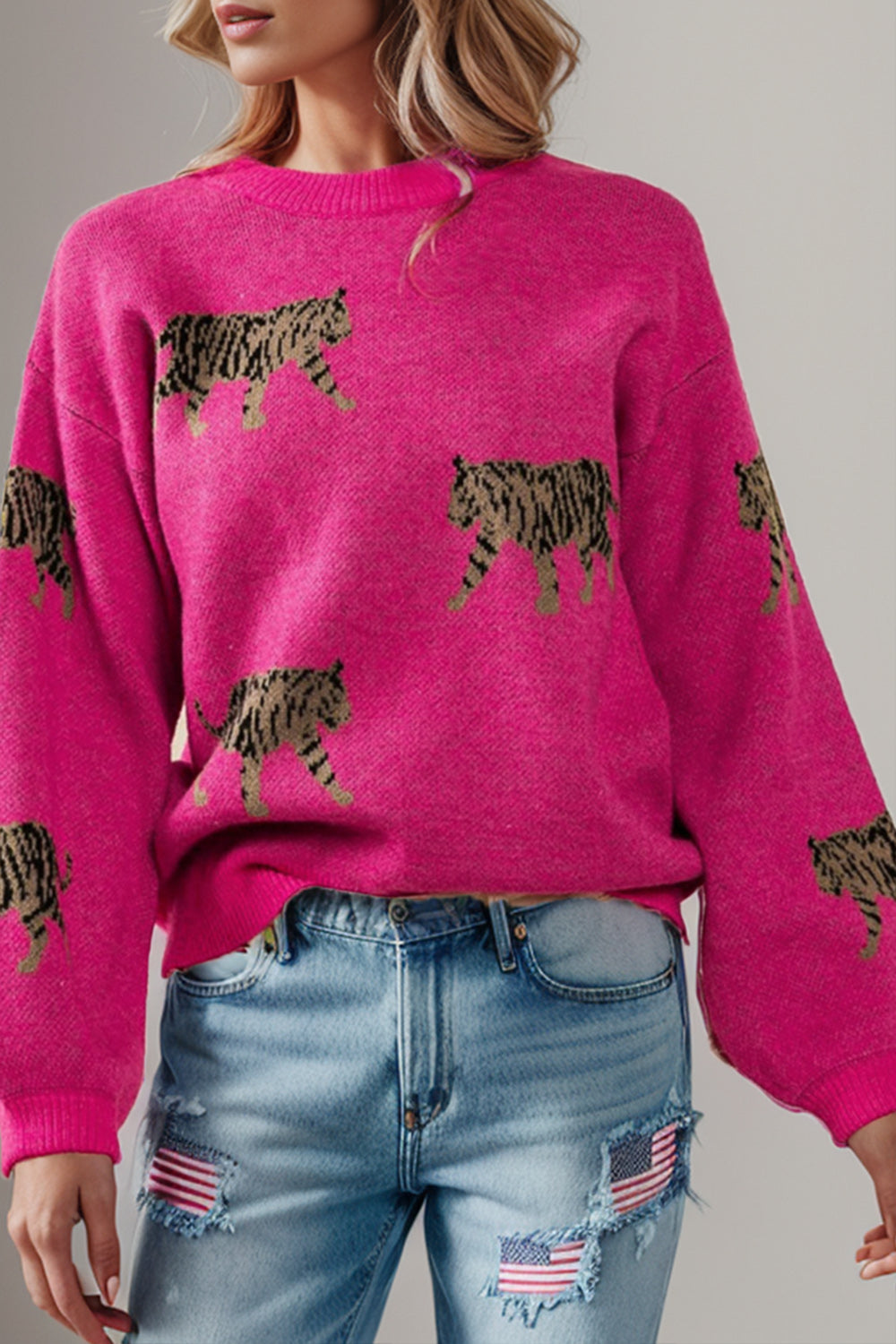 Fashion Plus Polyester Blend Tiger Pattern Round Neck Long Sleeve Drop Shoulder Sweater (Hot Pink)