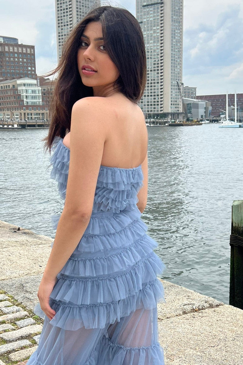 Georgia Ruffled Tulle Tiered Ruffles Maxi Dress (Smoky Blue)