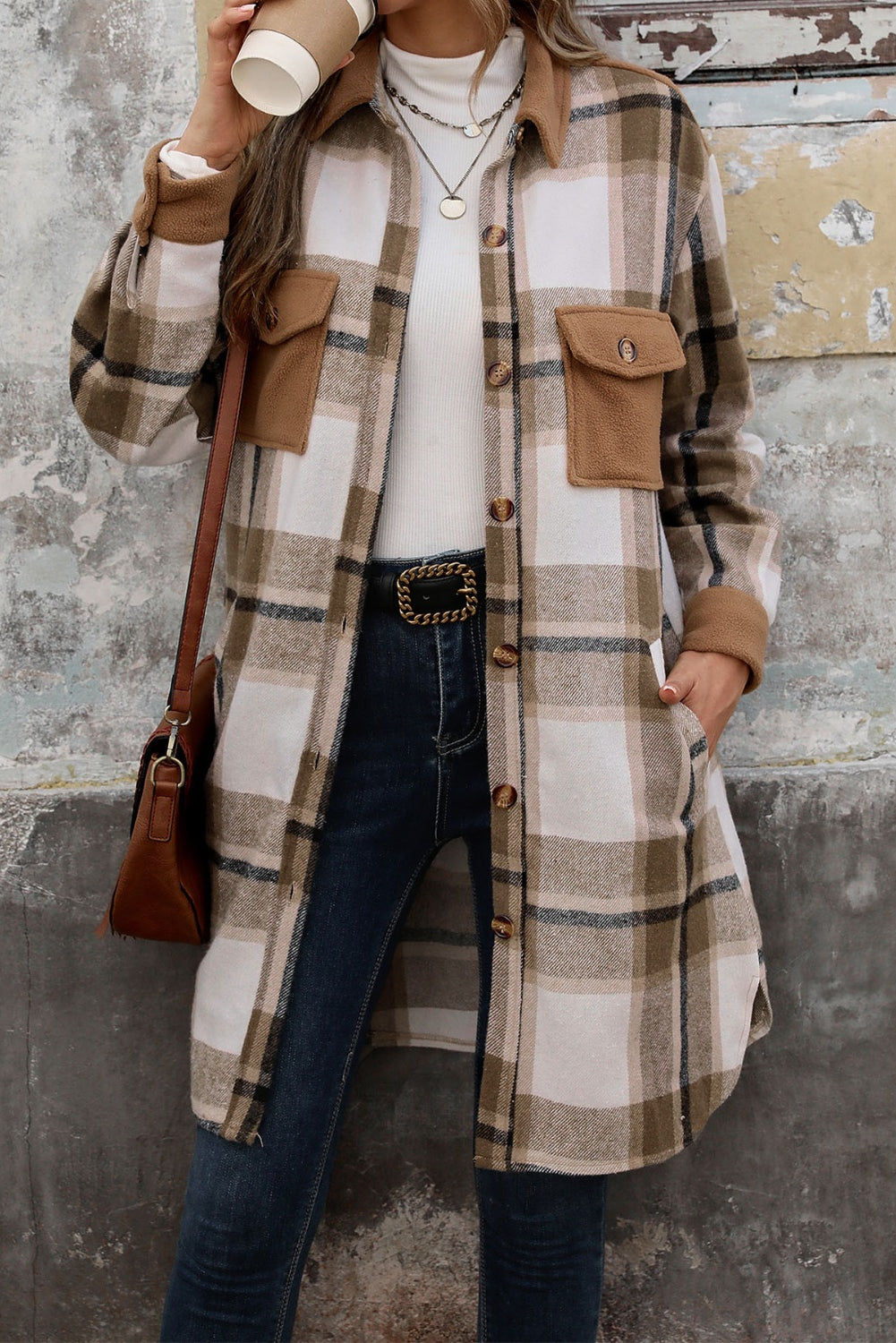 Perfee Polyester Blend Fashion Plus Breast Pocket Detail Plaid Button Up Long Sleeve Coat (Coffee Brown)