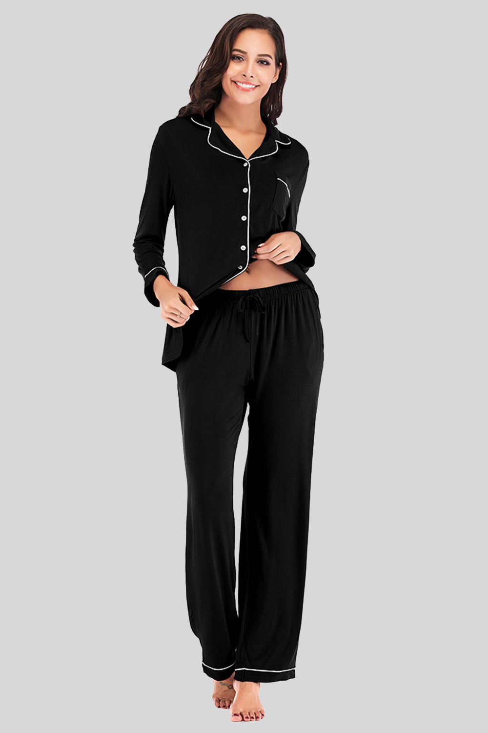 Simona Slumbertime Nylon Blend Long Sleeve Pocket and Piping Detail Loungewear Set (Multicolor)