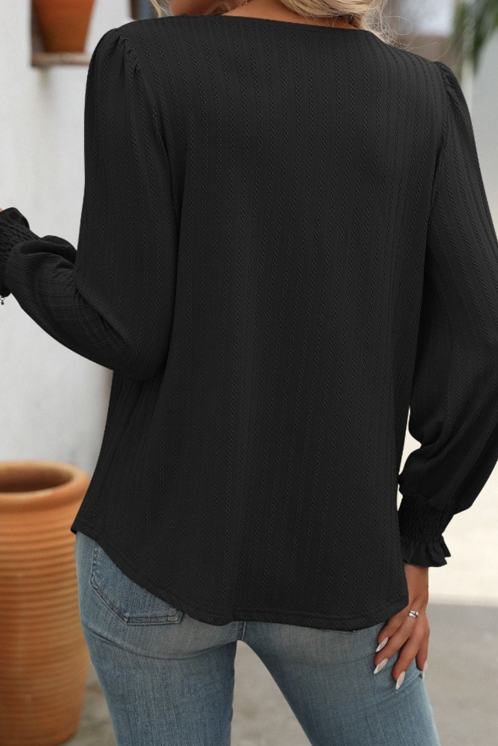 Our Best Polyester Blend Square Neck Long Pleated Puff Sleeve Elastic Ruffle Cuff Detail Top (Black/White)