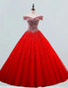 Red off the shoulder beaded rhinestone ball gown prom dress sparkle fluffy tulle wedding gown bridal dress