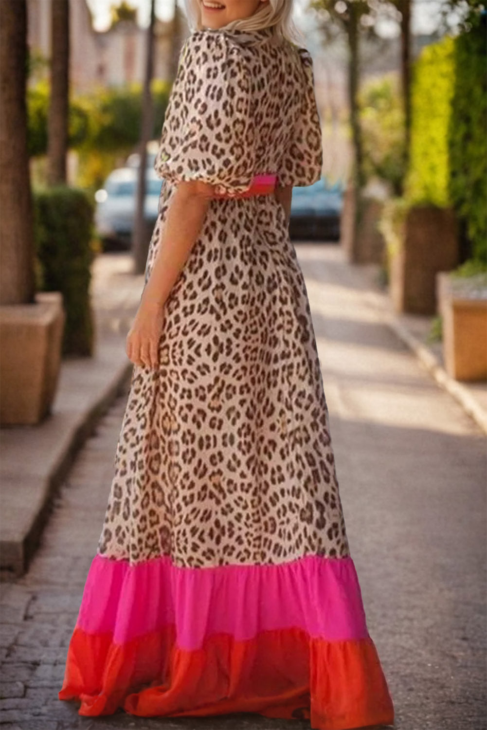 Our Best 100% Polyester Exotic Leopard Print Full Size V-Neck Half Sleeve Maxi Dress (Leopard)