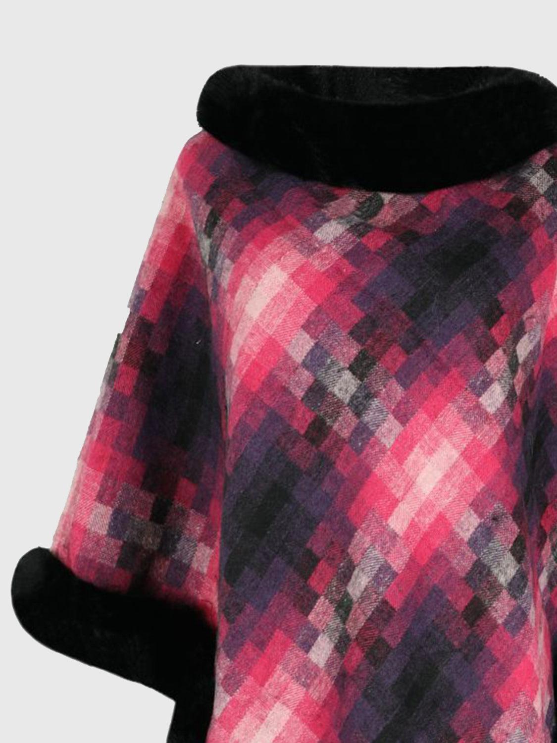 Monah Paloma 100% Polyester Pretty-n-Plush Faux Fur Collar and Trim Plaid Poncho (Multicolor)