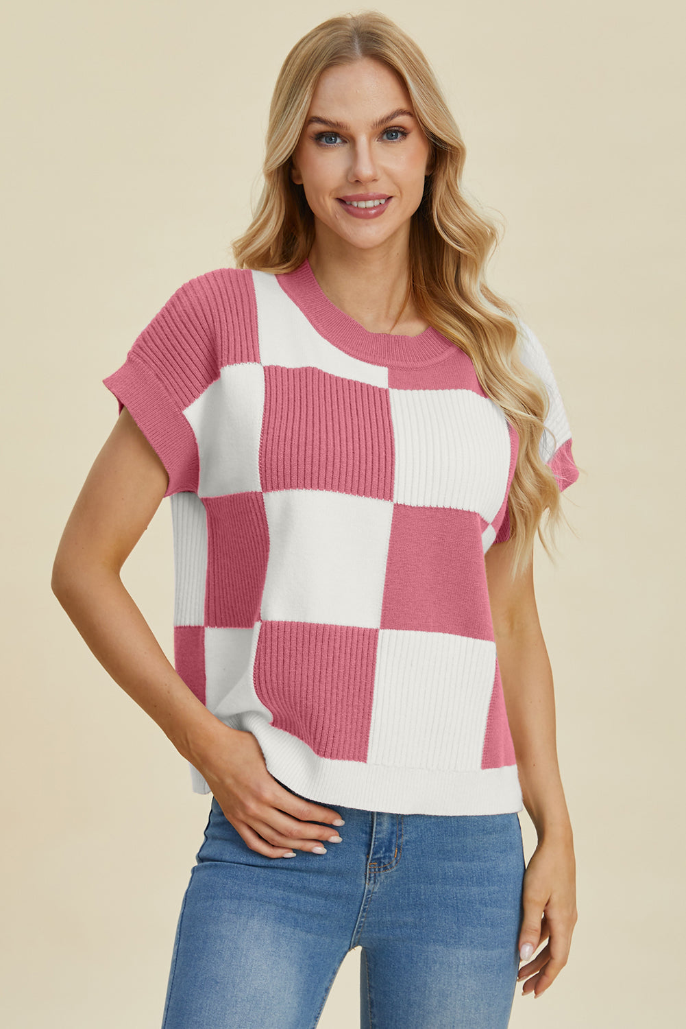 Double Take Full Size Checkered Round Neck Short Sleeve Sweater