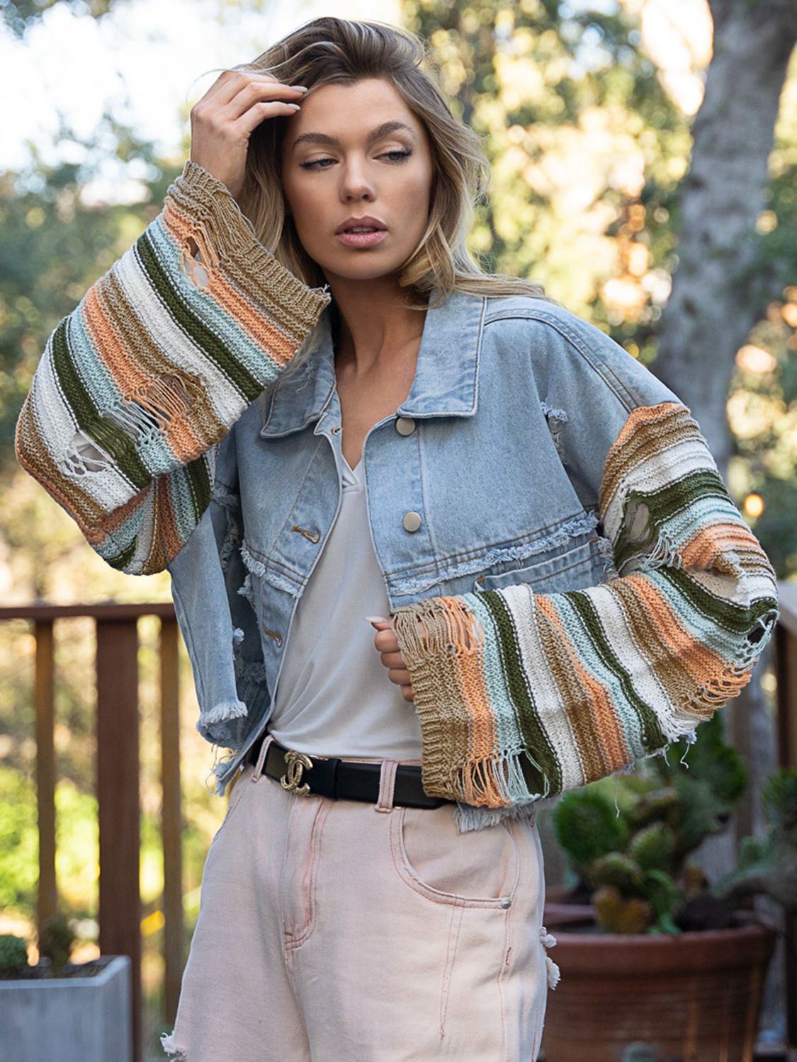 The Darla Cotton Blend Distressed Colorblock Stripe Long Baggy Sleeve Denim Jacket (White/Light)