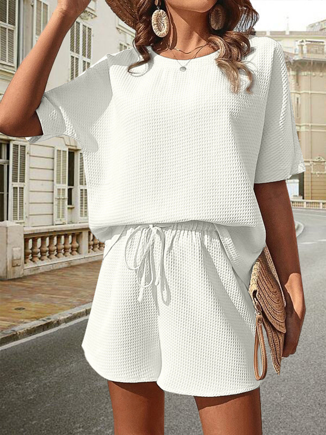 Waffle-Knit Half Sleeve Top and Shorts Set