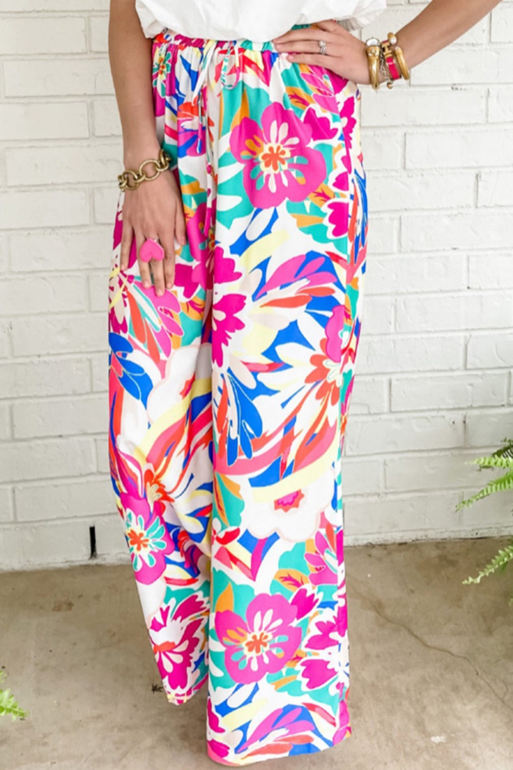 Our Best Polyester Blend Fashion Plus Floral Fantasy Print Drawstring Waist Wide Leg Pants (Hot Pink)