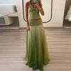 Sexy Strapless Top with Long Skirt Women's Suits Fashion Backless Pleated Club Outfit Gradient Green Hollow Slim Two Piece Sets - treasures-4-u-2-day