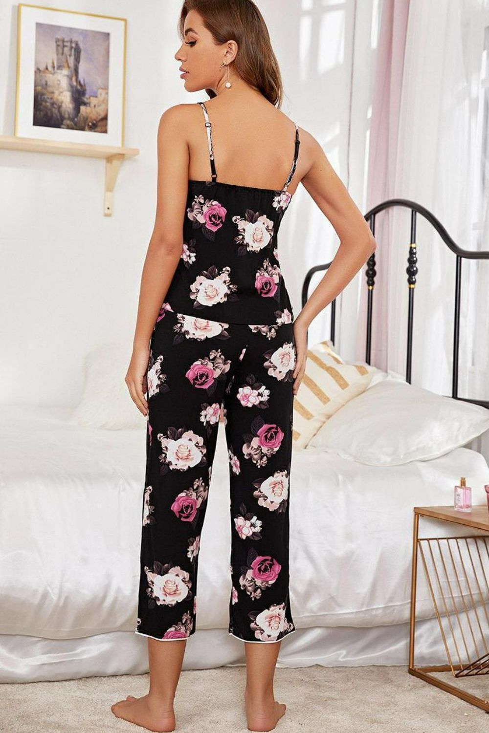 Our Best 100% Viscose Floral Graphics Print V-Neck Cami and Cropped Pants Two Piece Lounge Set (Floral)