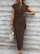 Elegant Waist Strap Striped Round Neck Short Sleeve And Long Pattern Dress