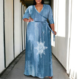 Plus Size Women's 3/4 Sleeve V-Neck Snowflake Print Wrap Maxi Dress Winter Elegant Party Dress