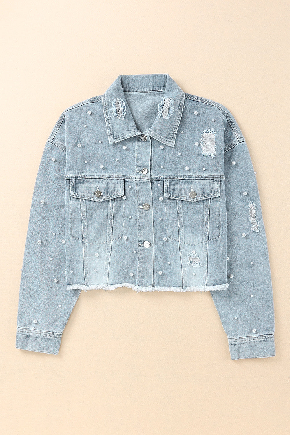 Our Best Polyester Blend Fashion Plus Distressed Pearl Trim Button Up Crop Denim Jacket (Light Denim)