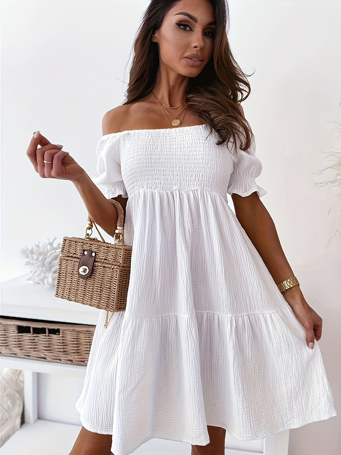 Our Best Polyester/Cotton Blend Off Shoulder Short Puff Sleeve Ruffle Detail Mini Dress (Multicolors)