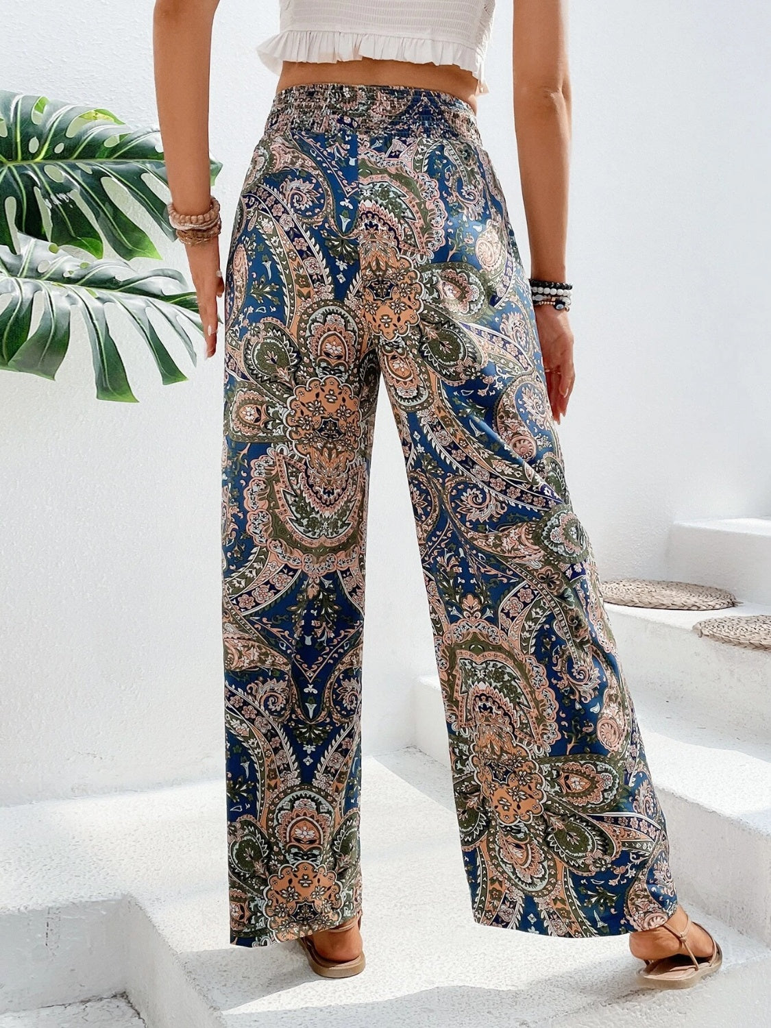 Our Best 100% Polyester Paisley Print Drawstring Waist Wide Leg Palazzo Pants (Multicolor)