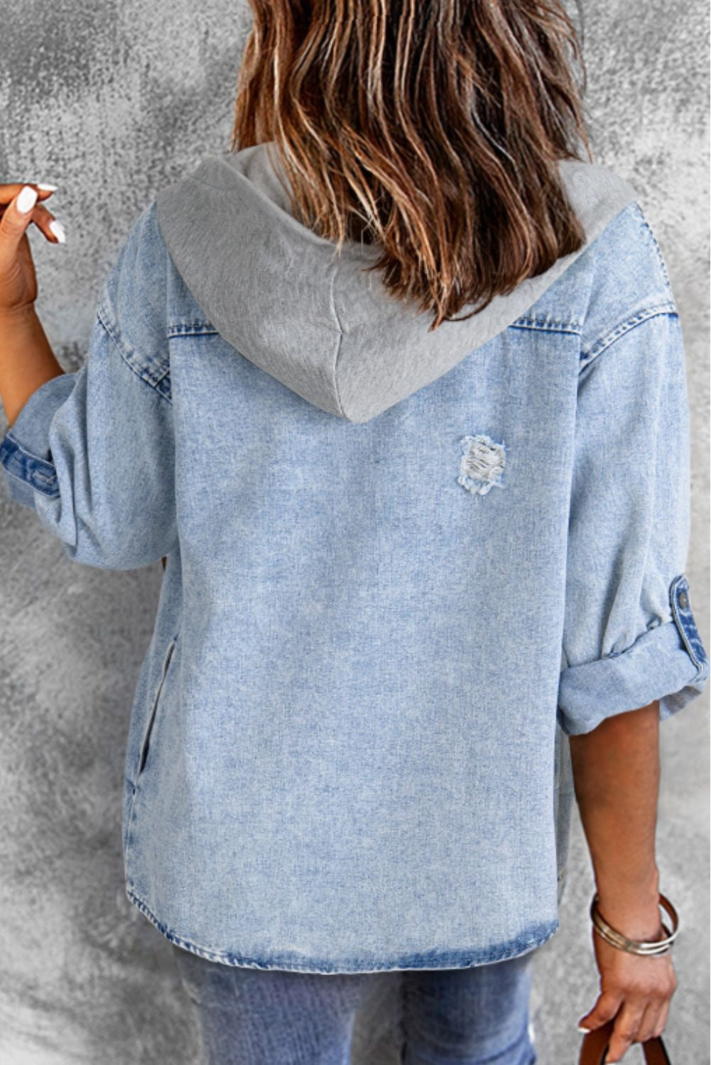 Damsel In Distressed 100% Cotton Fashion Plus Distressed Button-Up Pocket Detail Hooded Denim Jacket (Medium Denim)