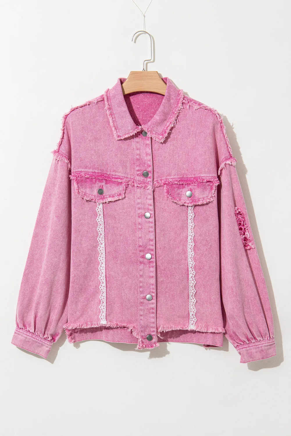 Lacey Lovelace 100% Cotton Lace Detail Distressed Raw Hem Long Sleeve Denim Jacket (Pink)