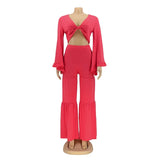 Casual Spring And Autumn For Women's Solid Color Long Sleeved Chest Wrap Top and Wide Leg Trousers Female Office 2 Piece Set