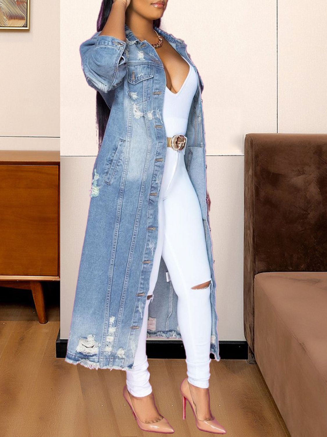 Our Best Cotton Blend Fashion Plus Long Sleeve Long Line Raw Hem Maxi Denim Jacket (Light/Medium)