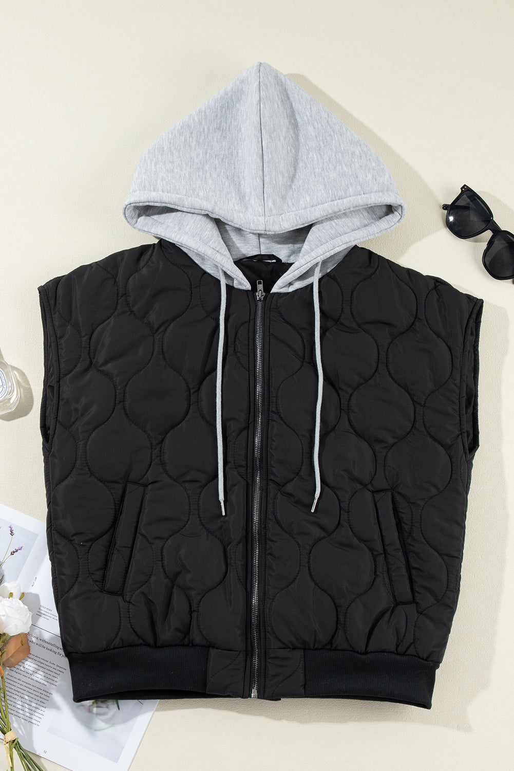 Our Best 100% Polyester Deluxe Quilted Drawstring Zip-Up Hooded Vest Coat (Moss/Black)