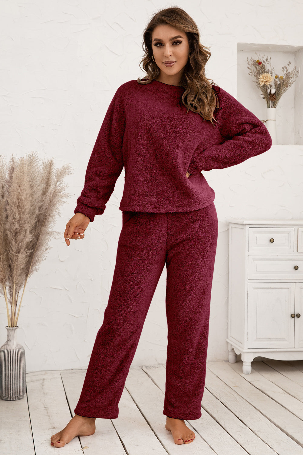 Ivy Lane 100% Polyester Long Raglan Sleeve Top and Pants Two Piece Lounge Set (Multicolor)