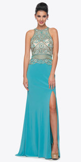 Juliet 617 Embellished Bodice Sheer Midriff Evening Gown