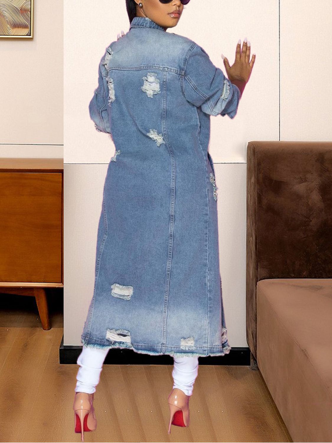 Our Best Cotton Blend Fashion Plus Long Sleeve Long Line Raw Hem Maxi Denim Jacket (Light/Medium)