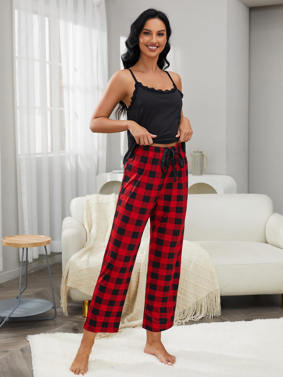 Our Best Polyester Blend Lace Trim Cami Top and Drawstring Waist Plaid Pants Lounge Set (Black)