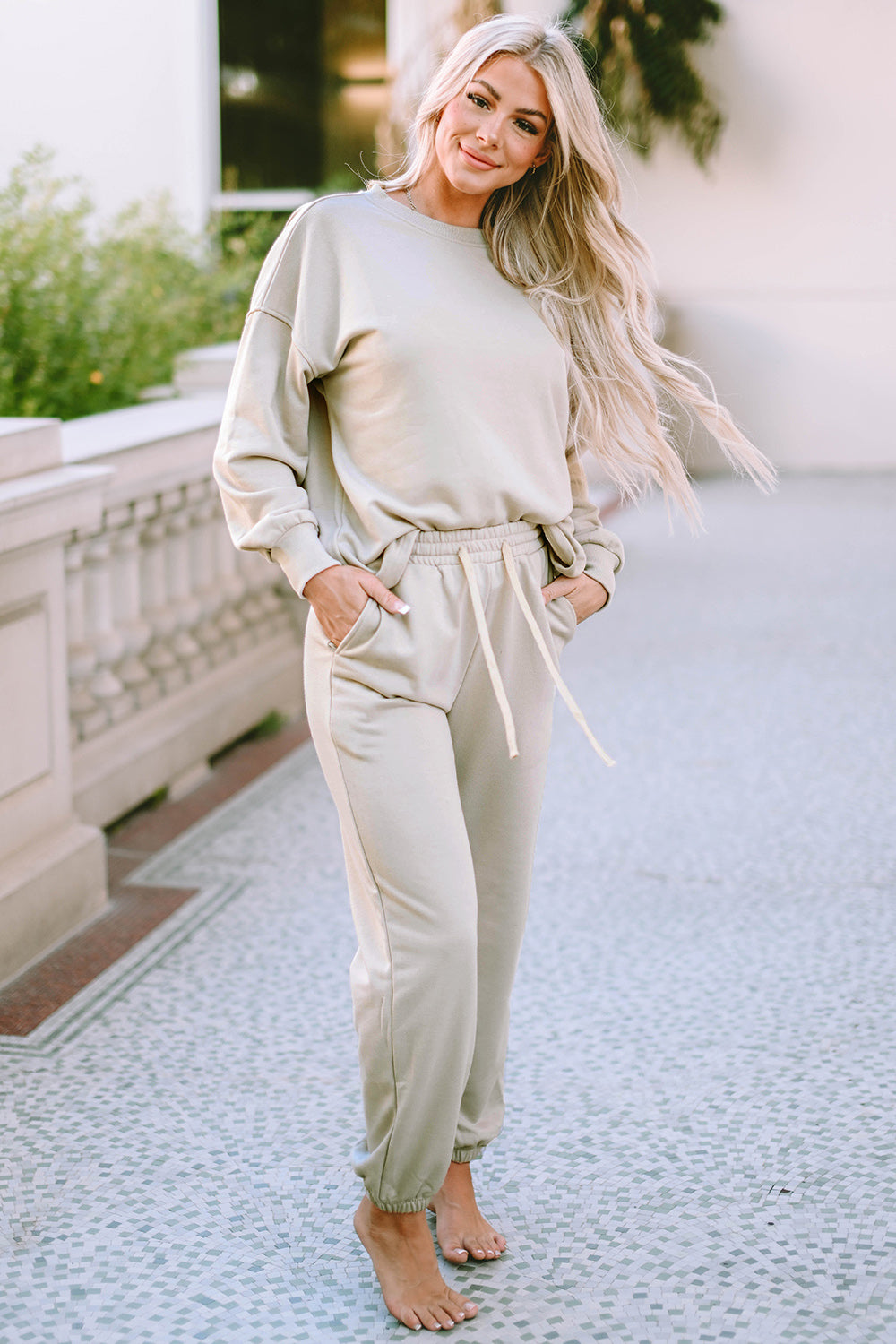 Our Best Polyester Blend Long Sleeve Top and Drawstring Jogger Pants Two Piece Lounge Set (Light Gray)