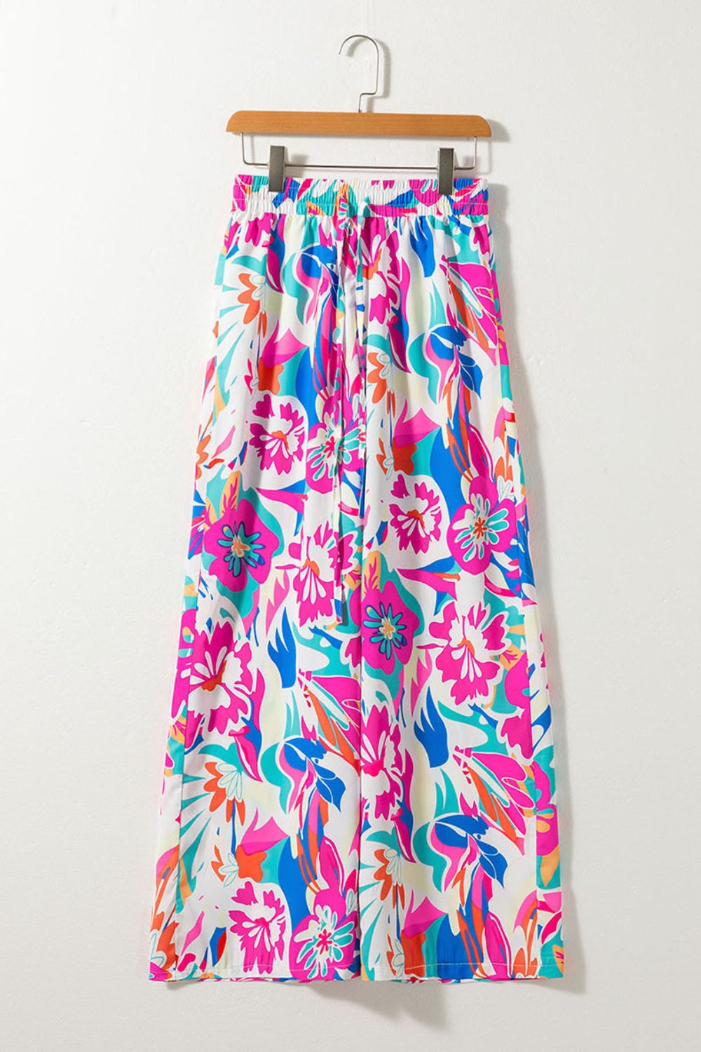 Our Best Polyester Blend Fashion Plus Floral Fantasy Print Drawstring Waist Wide Leg Pants (Hot Pink)