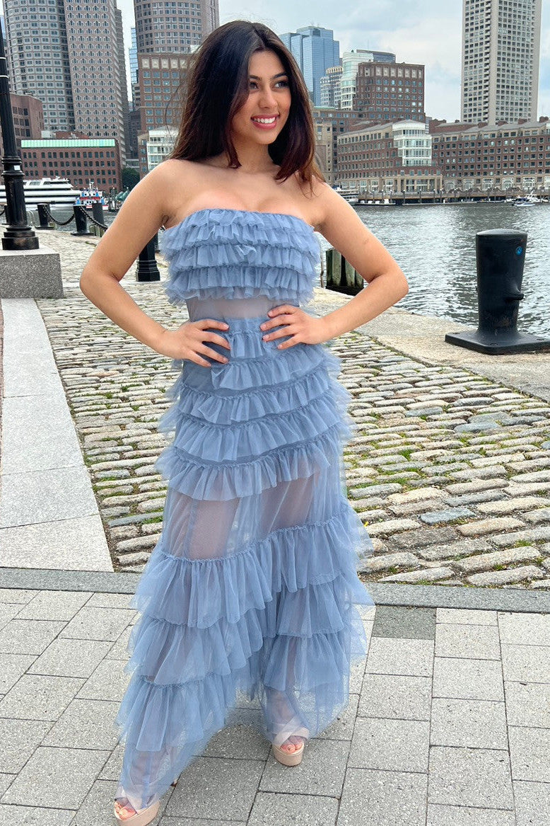 Georgia Ruffled Tulle Tiered Ruffles Maxi Dress (Smoky Blue)