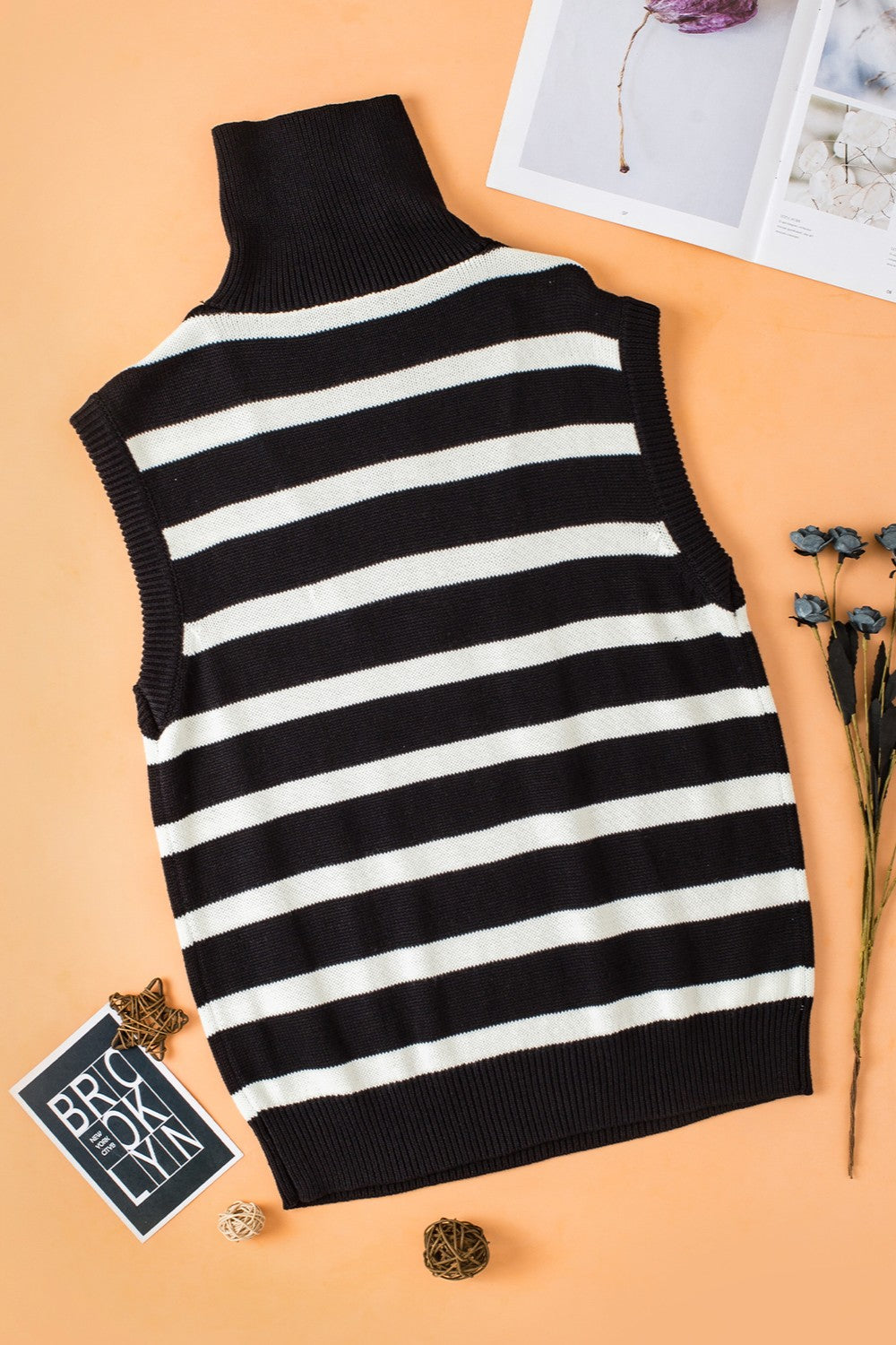 Bold-n-Beautiful Acrylic Blend Knit Striped Half Zip Sleeveless Sweater Vest (Black)