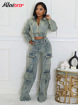 Mlaiscsr Vintage Stretch Denim 2 Piece Pants Sets Women Zip Slim Jackets and Pocket Cargo Jeans Outfit Streetwear Winter Suits - treasures-4-u-2-day