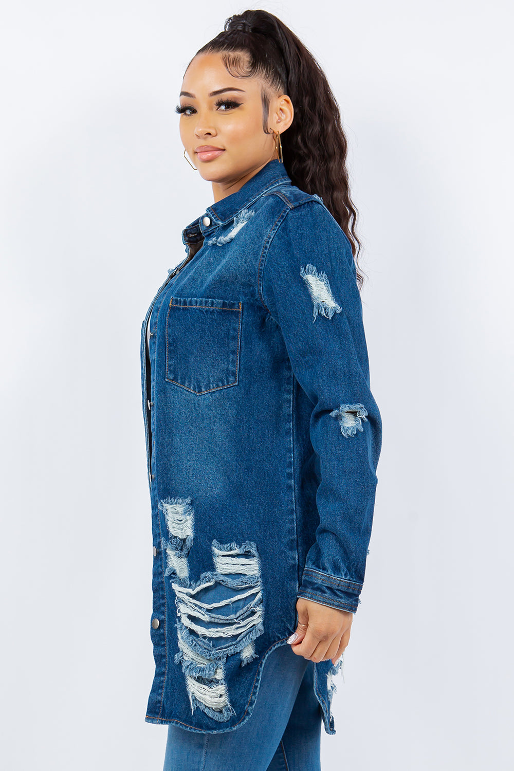 American Bazi 100% Cotton Button-Up Long Sleeve Distressed Denim Jacket (Blue)