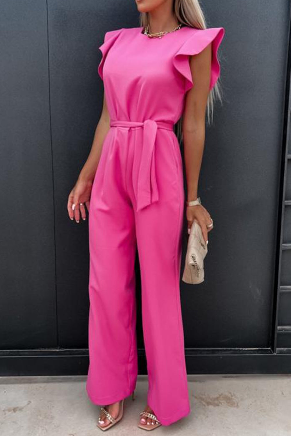 Fashion Plus Polyester/Spandex Cool-n-Comfy Round Neck Ruffled Cap Sleeve Detail Jumpsuit (Multicolor)