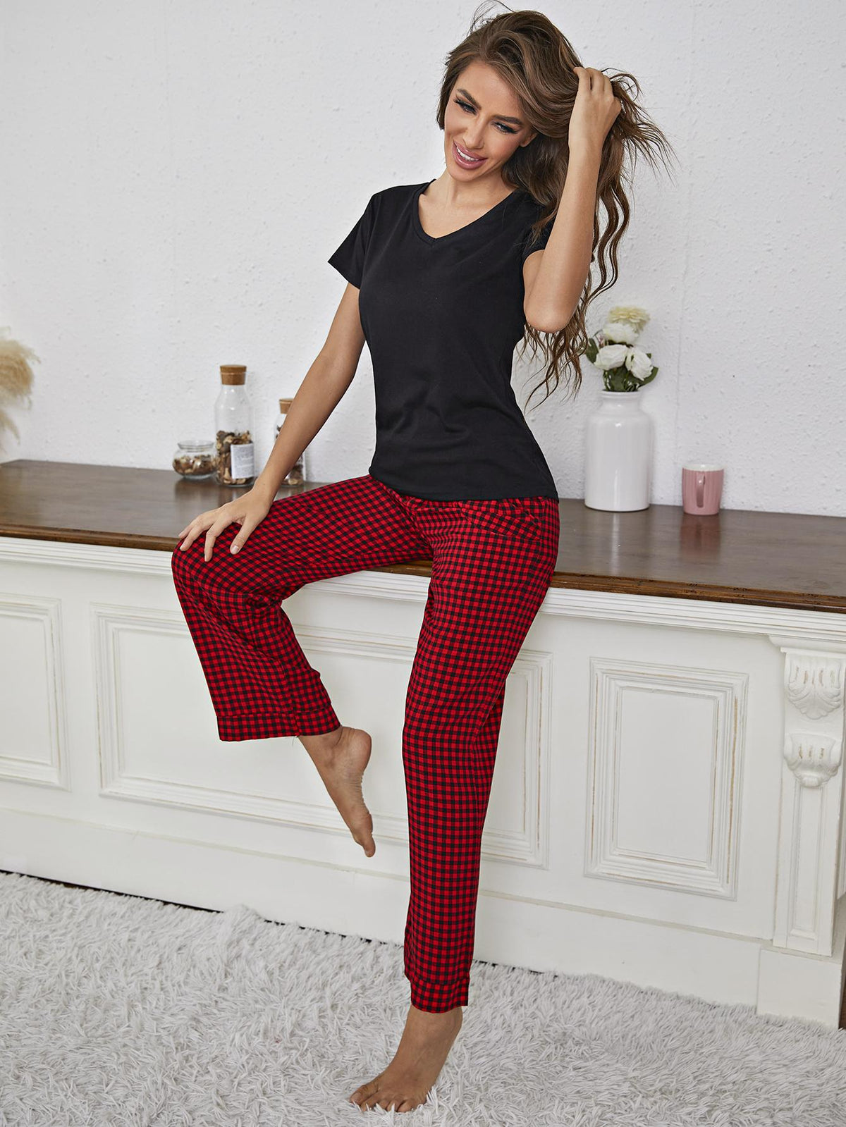 Our Best Rayon Blend Comfy-n-Cozy V-Neck Top and Gingham Pants Two Piece Lounge Set (Black/Red