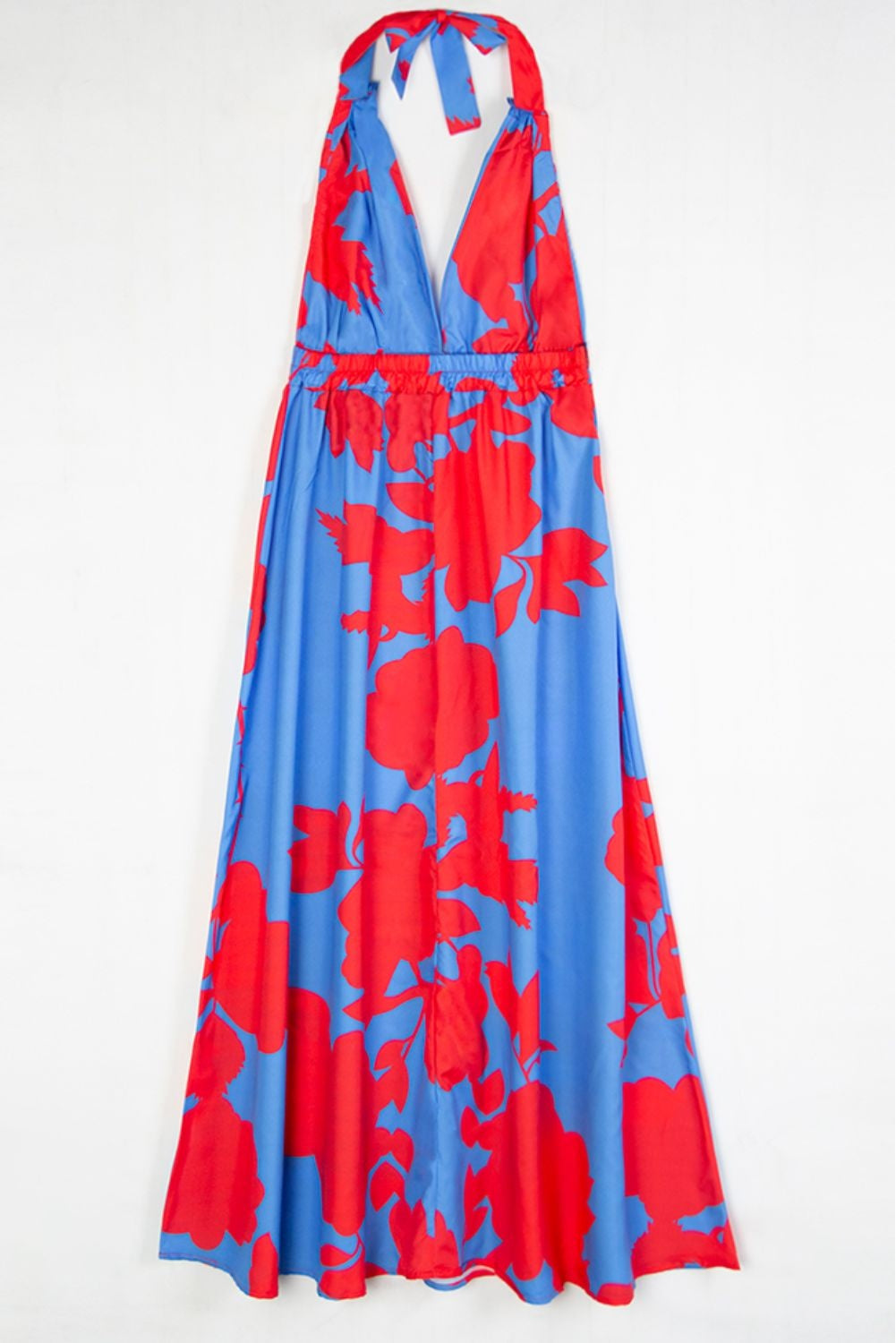 Our Best Polyester/Spandex Bold-n-Beautiful Floral Print Contrast Halter Neck Maxi Dress (Blue Red)