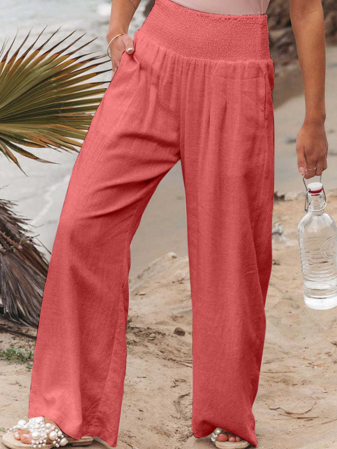 Our Best Polyester/Spandex Blend Deluxe Smocked Waist Wide Flare Palazzo Pants (Multicolors)