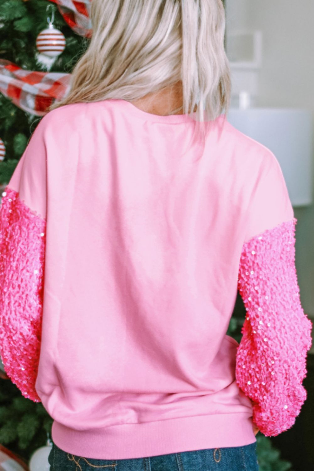 Let Me Be Your Sweetheart Polyester/Cotton Valentine’s Day Shimmering Sequin Heart Long Sleeve Sweatshirt (Pink)