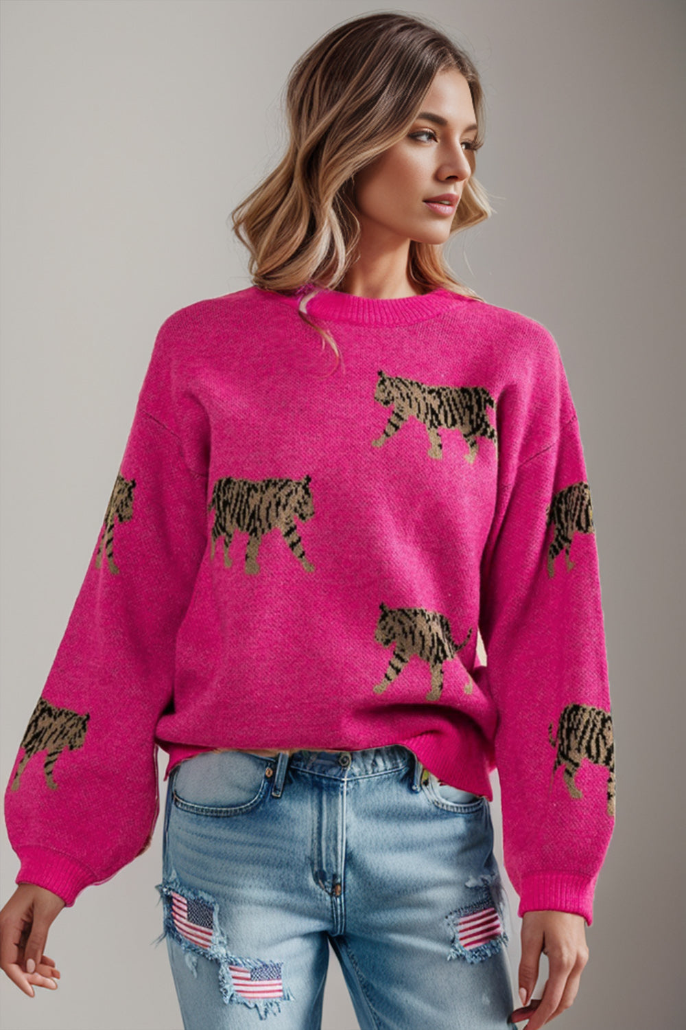 Fashion Plus Polyester Blend Tiger Pattern Round Neck Long Sleeve Drop Shoulder Sweater (Hot Pink)