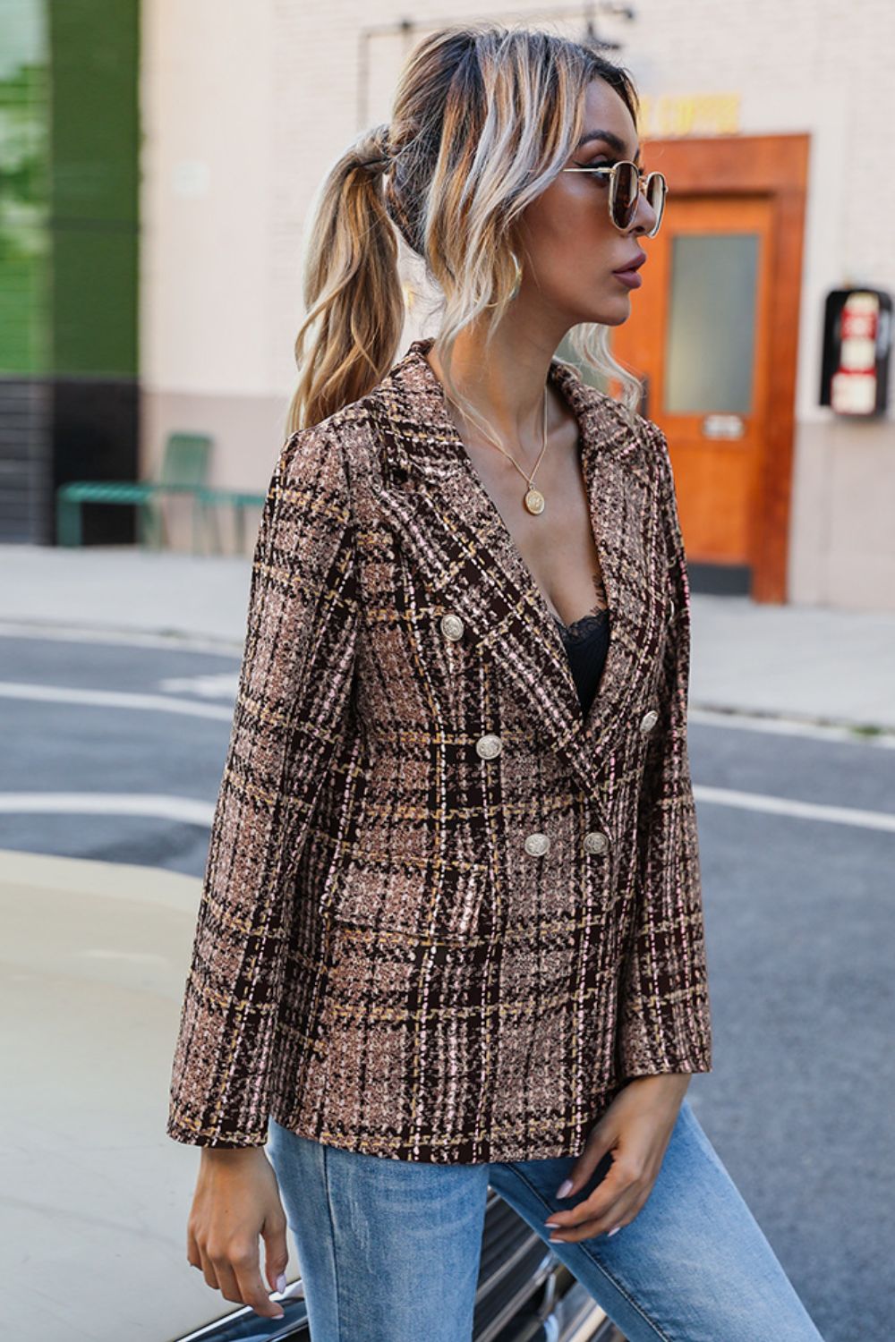 Full Size Plaid Buttoned Blazer