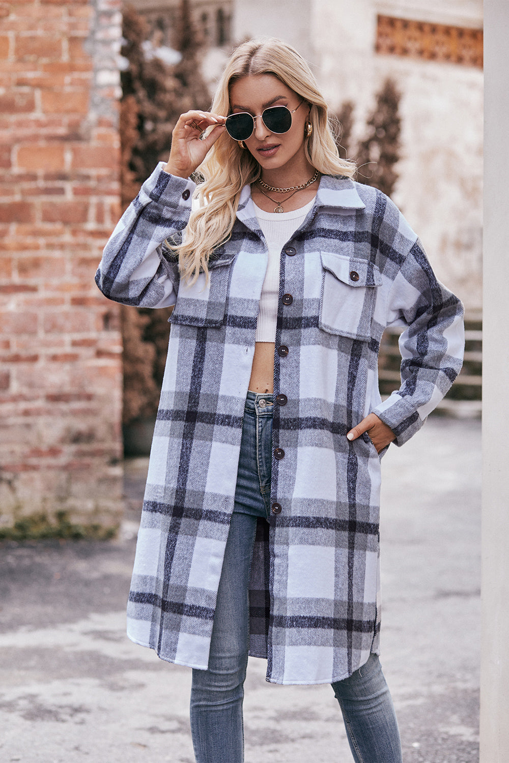 The Mandy 100% Polyester Fashion Plus Plaid Button Down Dropped Shoulder Longline Jacket (Multcolors)