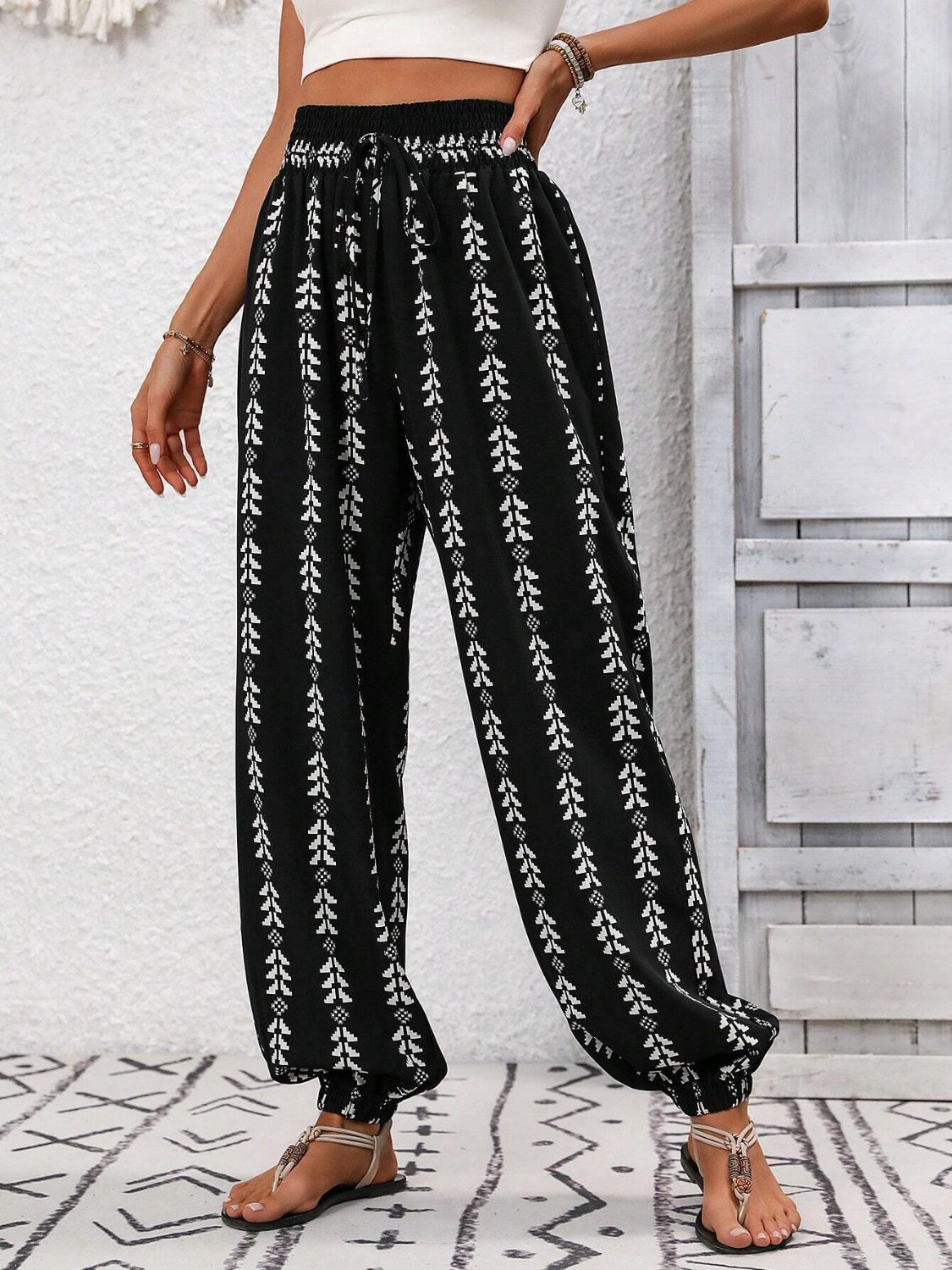 Our Best 100% Polyester Sash Tie Waist Exotic Print High Waist Pants (Multicolor)