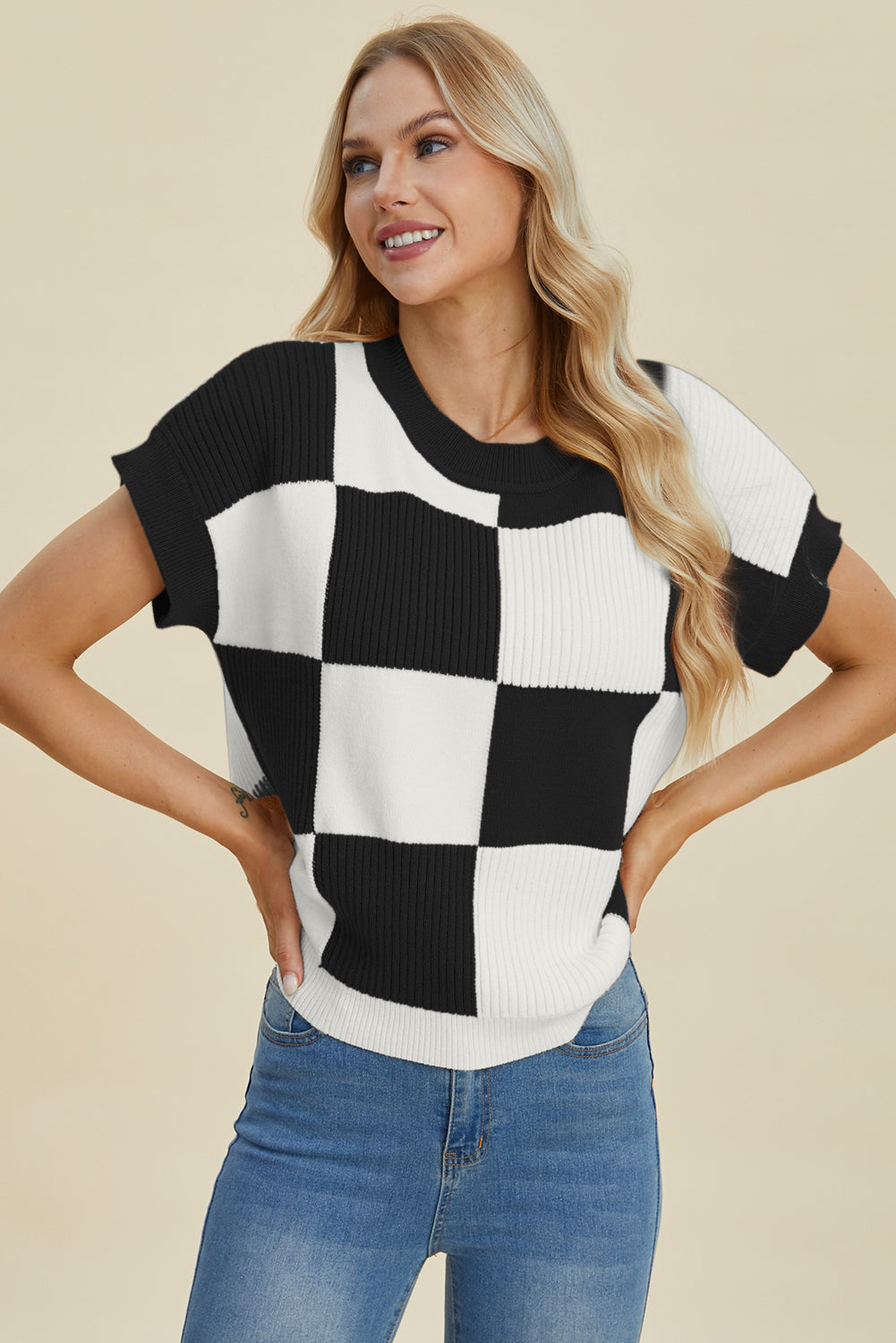 Double Take Full Size Checkered Round Neck Short Sleeve Sweater