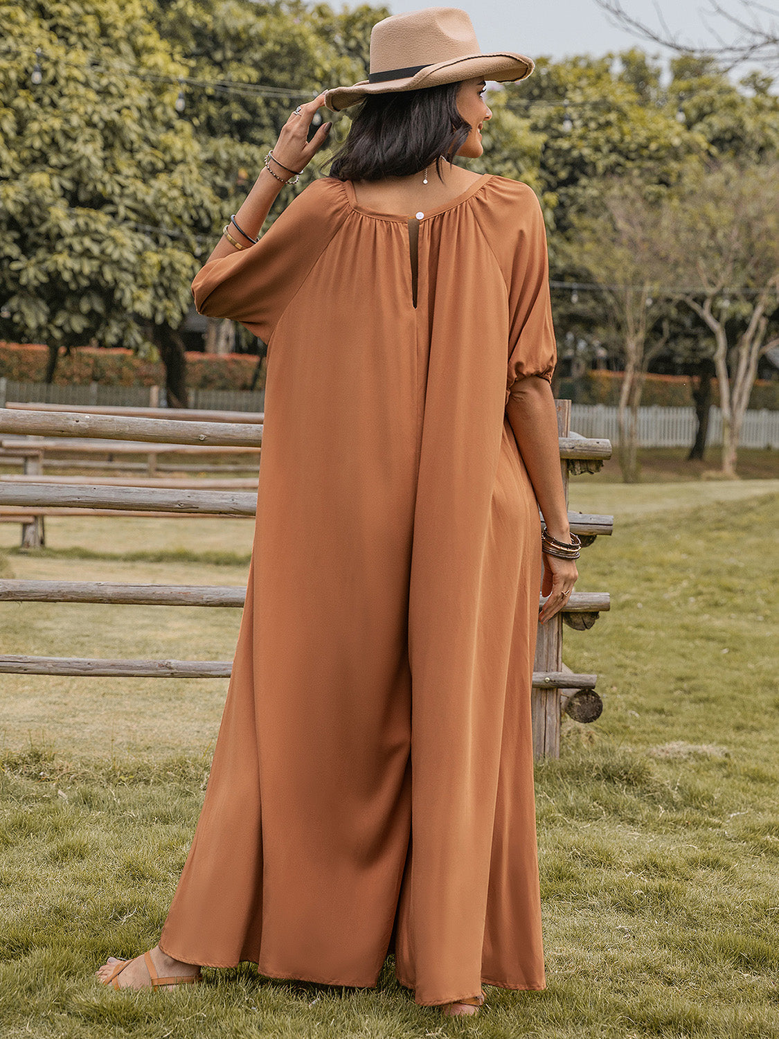 Our Best 100% Viscose Cool-n-Comfy Fashion Plus Scoop Neck Half Sleeve Wide Leg Jumpsuit (Caramel)