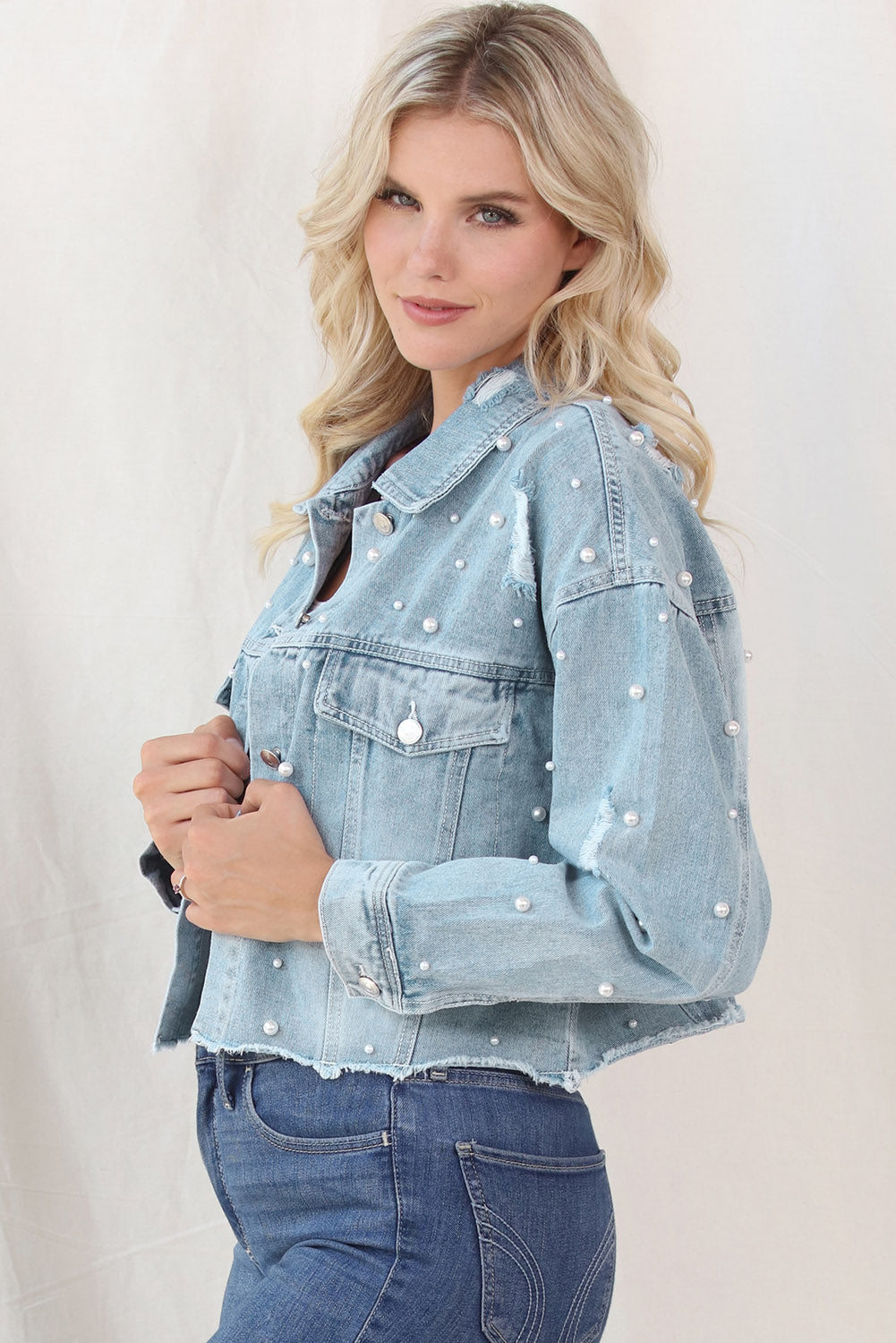 Our Best Polyester Blend Fashion Plus Distressed Pearl Trim Button Up Crop Denim Jacket (Light Denim)