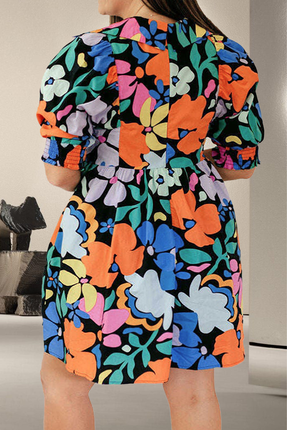 Plus Size Lovely Ladies 100% Cotton Fashion Plus V-Neck Short Sleeve Mini Dress (Floral)