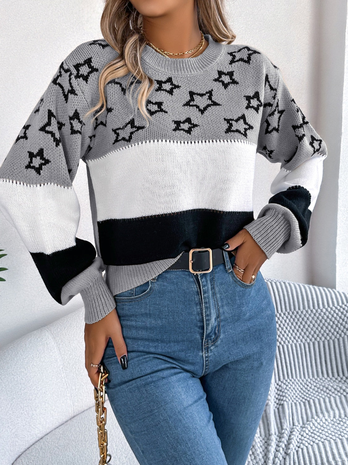 SuperStar 100% Acrylic Round Neck Colorblock Dropped Shoulder Long Sleeve Sweater (Multicolor)