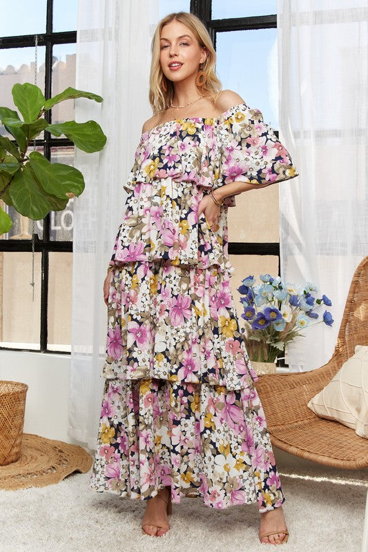 ADORA Layered Floral Off-Shoulder Short Sleeve Maxi Dress