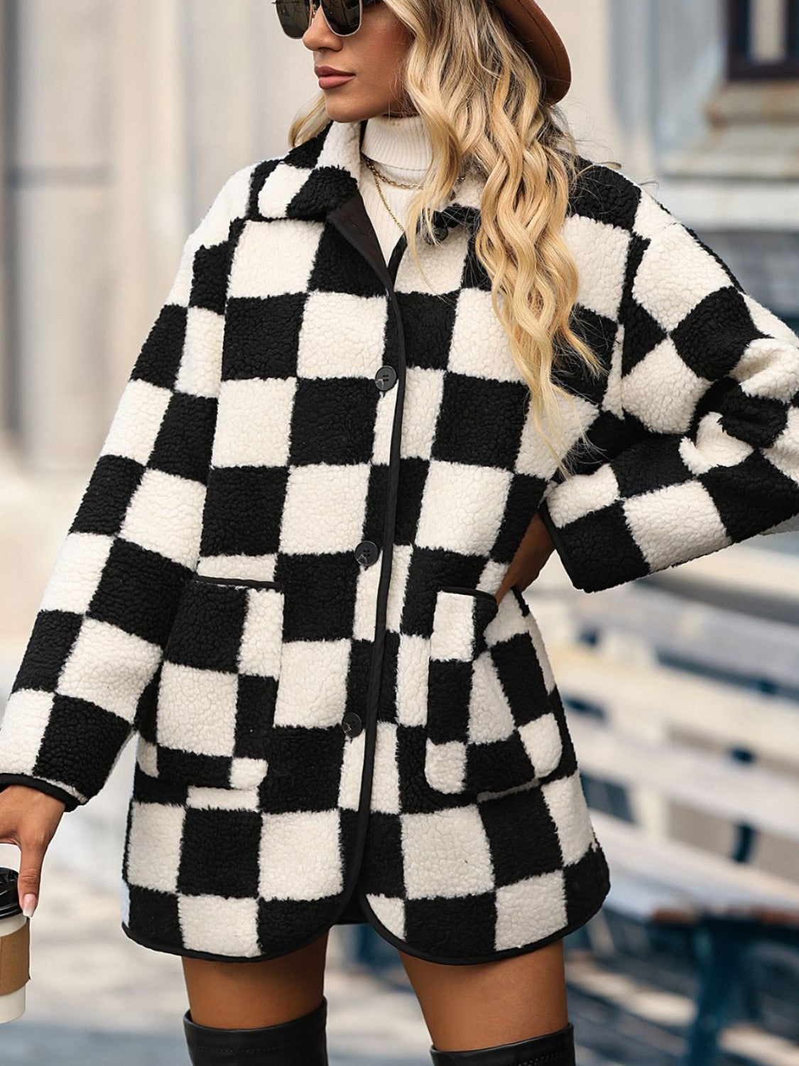 Double Take 100% Polyester Full Size Smocked Checkered Button Front Pocket Detail Midi Jacket (Black)